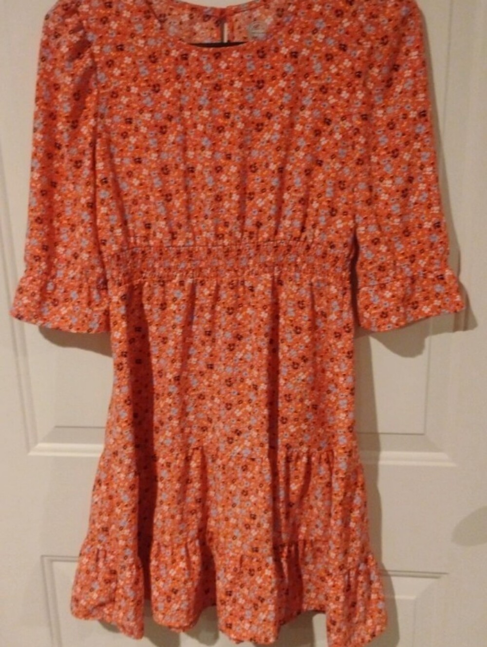 Wonder Nation Girls Orange Floral Smocked Tiered Boho Peasant Dress - L 10-12
